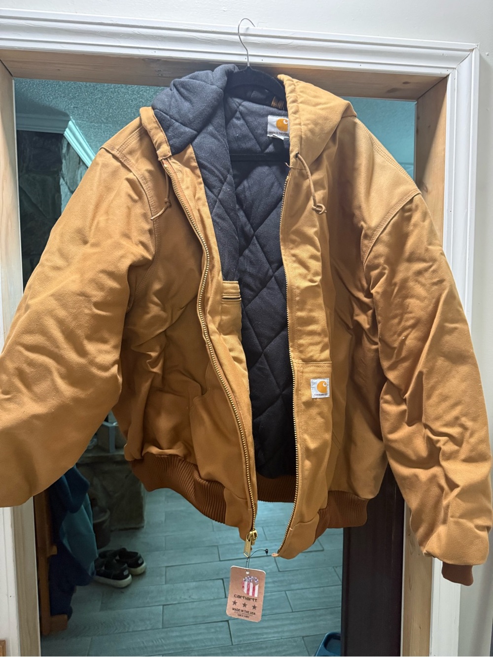 Carhartt Brown Hooded Work Jacket with Black Quilted Lining